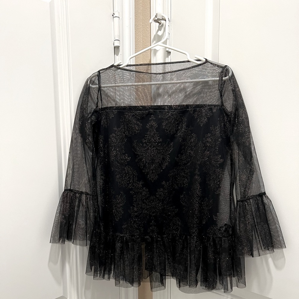 Chiara Boni La Petite Robe Black Long Sleeve Tulle Top with Sparkle Detail